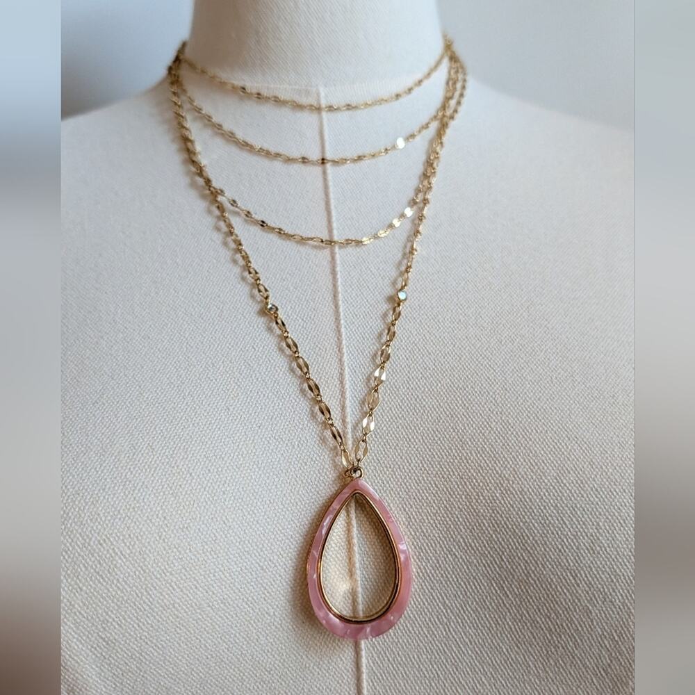 Ettika Simply Chic Teardrop Blush Resin Layered Necklace Gold Tone Pink